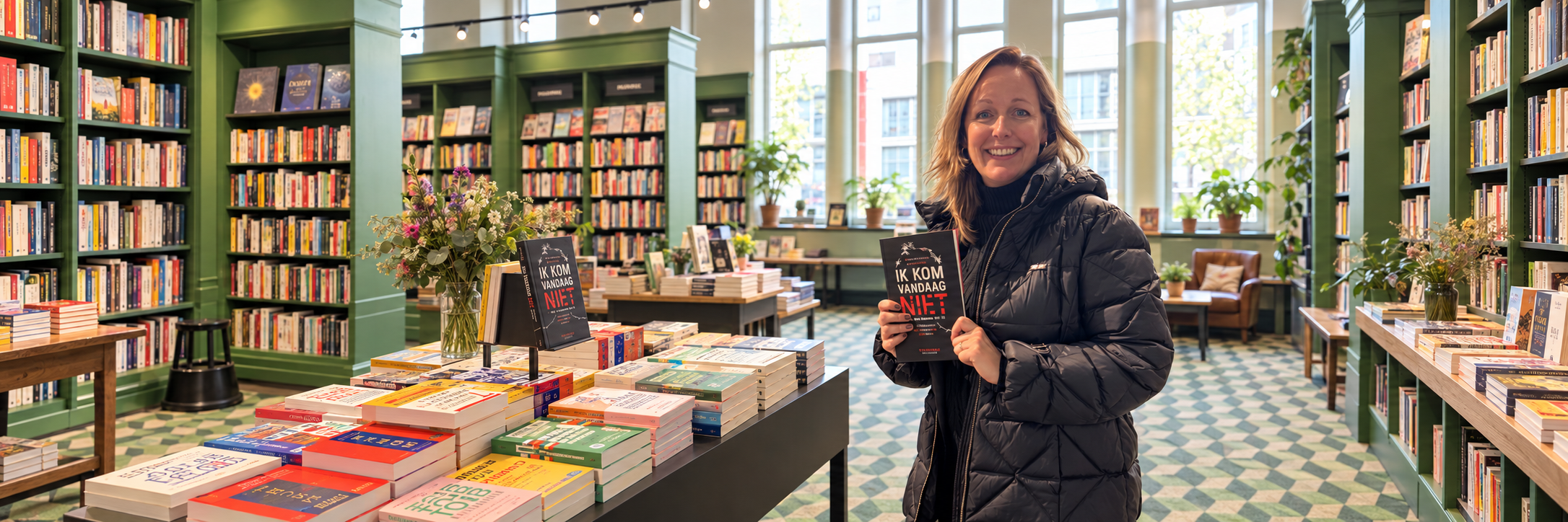 Esther Duijts met haar boek in de boekhandel